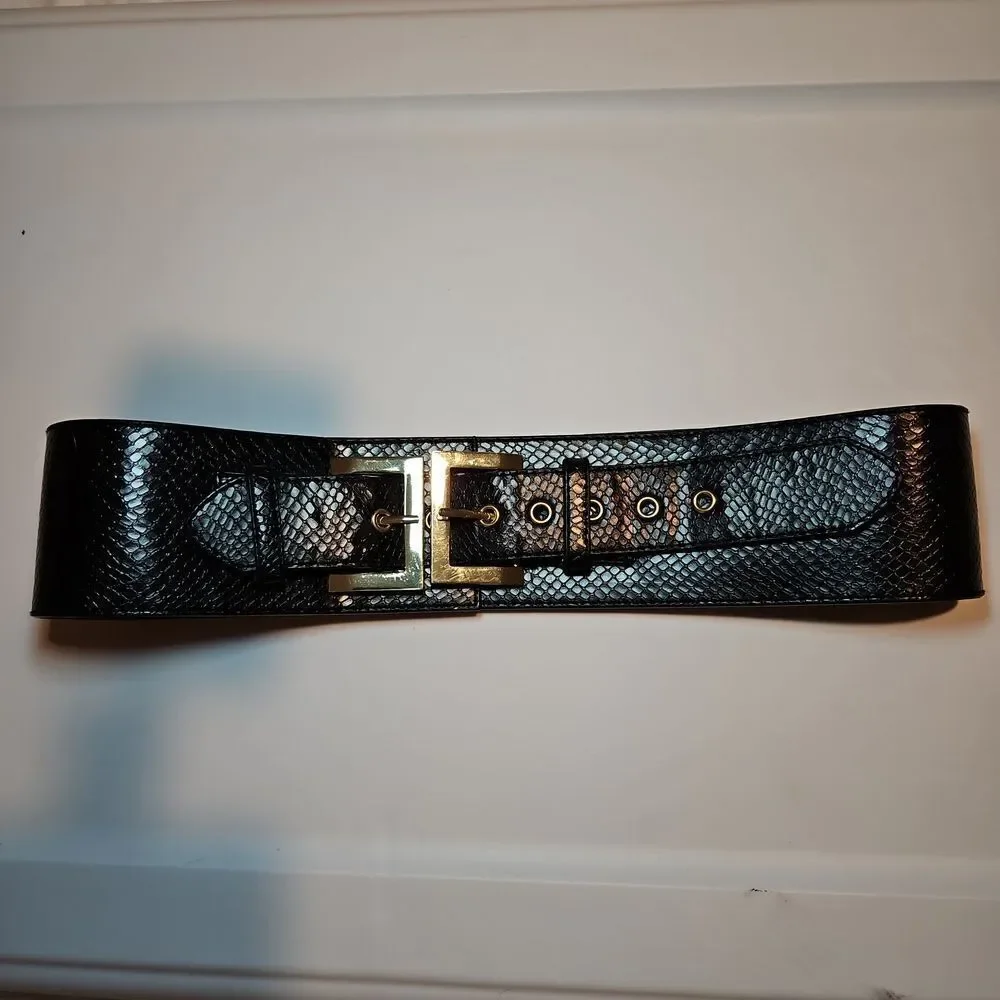 Y2K Black Faux Snakeskin Belt with Gold Buckle 26